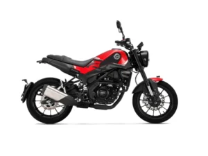 Benelli Leoncino 250 en colores negro y rojo, vista lateral mostrando su diseño dinámico y deportivo.